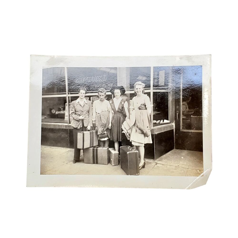 Vtg Ladies Posing in Front of Greyhound Travel Service Original Monochrome Photo